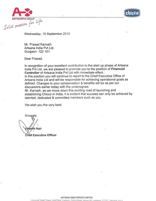 Promotion & Apprecialtion Letter 2010 - Artsana India