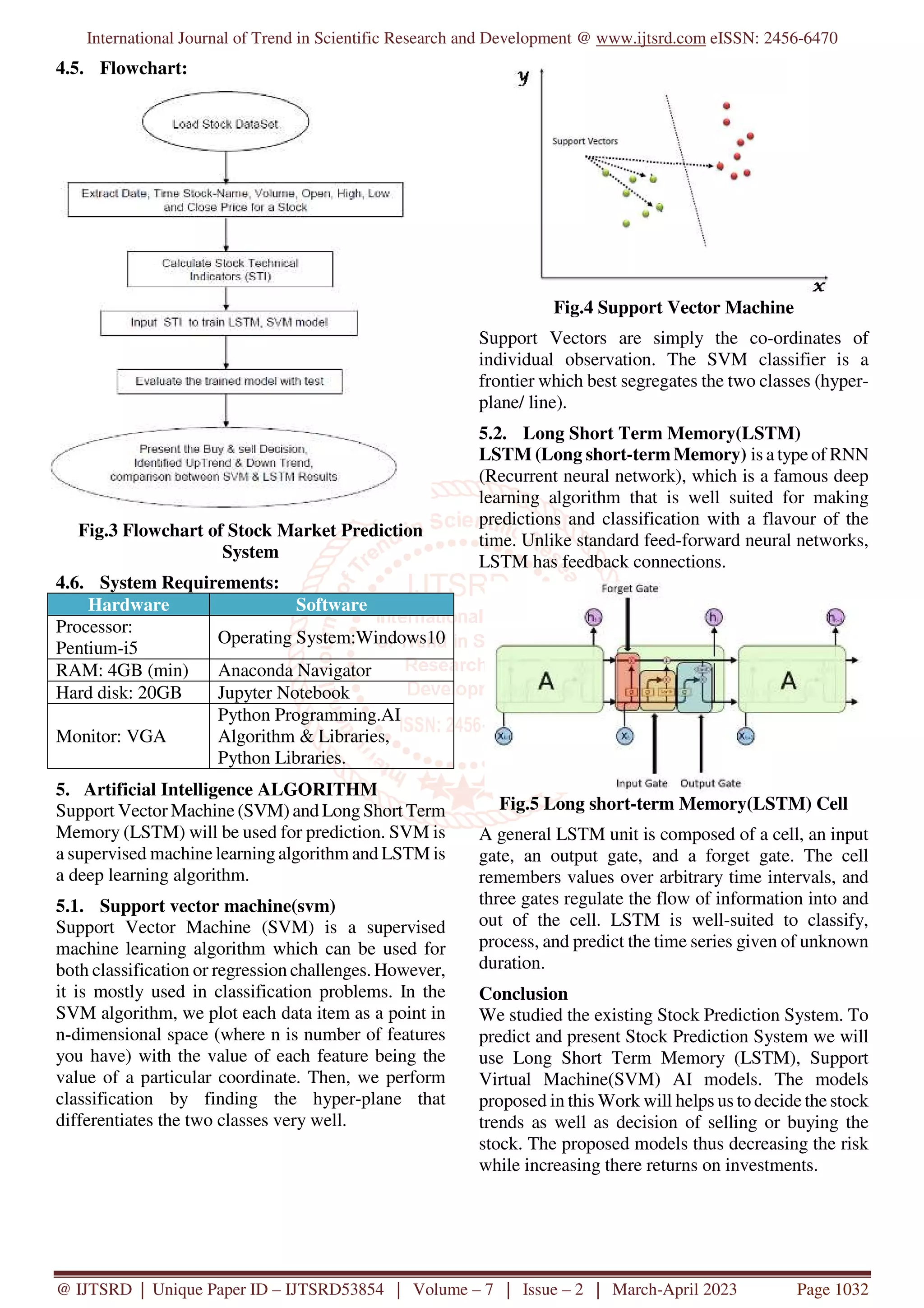 International Journal of Trend in Scientific Research and Development @ www.ijtsrd.com eISSN: 2456-6470 @ IJTSRD | Unique Paper ID – IJTSRD53854 | Volume – 7 | Issue – 2 | March-April 2023 Page 1032 4.5. Flowchart: Fig.3 Flowchart of Stock Market Prediction System 4.6. System Requirements: Hardware Software Processor: Pentium-i5 Operating System:Windows10 RAM: 4GB (min) Anaconda Navigator Hard disk: 20GB Jupyter Notebook Monitor: VGA Python Programming.AI Algorithm & Libraries, Python Libraries. 5. Artificial Intelligence ALGORITHM Support Vector Machine (SVM) and Long Short Term Memory (LSTM) will be used for prediction. SVM is a supervised machine learning algorithm and LSTM is a deep learning algorithm. 5.1. Support vector machine(svm) Support Vector Machine (SVM) is a supervised machine learning algorithm which can be used for both classification or regression challenges. However, it is mostly used in classification problems. In the SVM algorithm, we plot each data item as a point in n-dimensional space (where n is number of features you have) with the value of each feature being the value of a particular coordinate. Then, we perform classification by finding the hyper-plane that differentiates the two classes very well. Fig.4 Support Vector Machine Support Vectors are simply the co-ordinates of individual observation. The SVM classifier is a frontier which best segregates the two classes (hyper- plane/ line). 5.2. Long Short Term Memory(LSTM) LSTM (Long short-termMemory) is a type of RNN (Recurrent neural network), which is a famous deep learning algorithm that is well suited for making predictions and classification with a flavour of the time. Unlike standard feed-forward neural networks, LSTM has feedback connections. Fig.5 Long short-term Memory(LSTM) Cell A general LSTM unit is composed of a cell, an input gate, an output gate, and a forget gate. The cell remembers values over arbitrary time intervals, and three gates regulate the flow of information into and out of the cell. LSTM is well-suited to classify, process, and predict the time series given of unknown duration. Conclusion We studied the existing Stock Prediction System. To predict and present Stock Prediction System we will use Long Short Term Memory (LSTM), Support Virtual Machine(SVM) AI models. The models proposed in this Work will helps us to decide the stock trends as well as decision of selling or buying the stock. The proposed models thus decreasing the risk while increasing there returns on investments. 