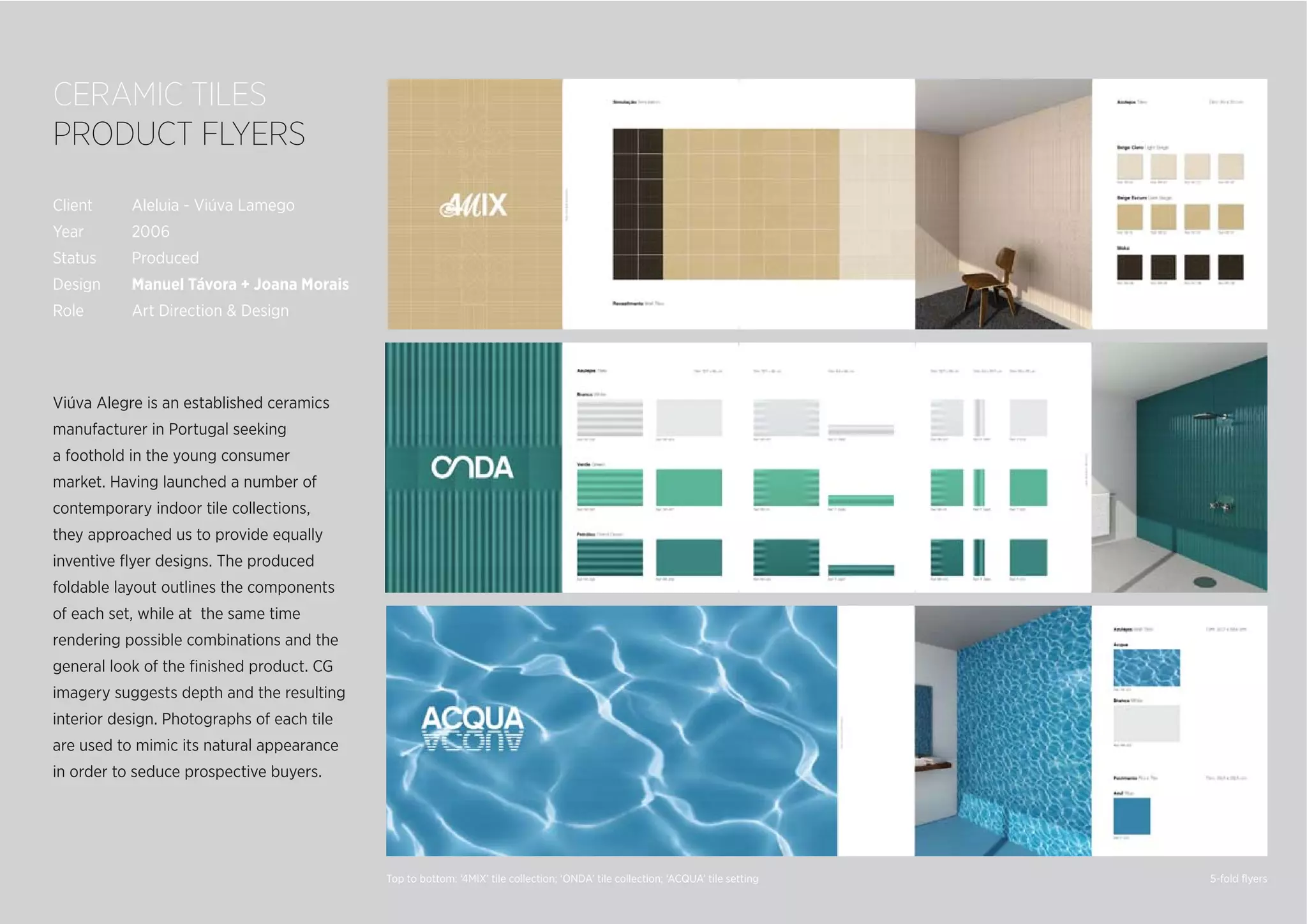 Client Aleluia - Viúva Lamego
Year 2006
Status Produced
Design Manuel Távora + Joana Morais
Role Art Direction & Design
Viúva Alegre is an established ceramics
manufacturer in Portugal seeking
a foothold in the young consumer
market. Having launched a number of
contemporary indoor tile collections,
they approached us to provide equally
inventive ﬂyer designs. The produced
foldable layout outlines the components
of each set, while at the same time
rendering possible combinations and the
general look of the ﬁnished product. CG
imagery suggests depth and the resulting
interior design. Photographs of each tile
are used to mimic its natural appearance
in order to seduce prospective buyers.
CERAMIC TILES
PRODUCT FLYERS
Top to bottom: ‘4MIX’ tile collection; ‘ONDA’ tile collection; ‘ACQUA’ tile setting 5-fold ﬂyers
 