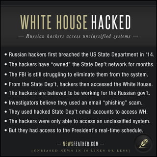 NEWSFEATHER.COM
[ U N B I A S E D N E W S I N 1 0 L I N E S O R L E S S ]
Russian hackers access unclassified systems
WHITE HOUSE HACKED
• Russian hackers ﬁrst breached the US State Department in ‘14.
• The hackers have “owned” the State Dep’t network for months.
• The FBI is still struggling to eliminate them from the system.
• From the State Dep’t, hackers then accessed the White House.
• The hackers are believed to be working for the Russian gov’t.
• Investigators believe they used an email “phishing” scam.
• They used hacked State Dep’t email accounts to access WH.
• The hackers were only able to access an unclassiﬁed system.
• But they had access to the President’s real-time schedule.
 
