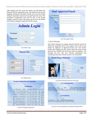 International Journal of Research and Scientific Innovation (IJRSI) | Volume IV, Issue VIS, June 2017 | ISSN 2321–2705
www.rsisinternational.org Page 139
After logging into the system the admin can add banks and
branches into the integrated system. The admin can also do the
mapping of branches and banks. He/she can view new branch
manager registration requests and accept/reject the same. The
acceptance confirmation mail will be sent to the branch
manager on his/her email. The admin can also view the details
of the branch managers registered with the system.
Fig 4.Admin Login
Fig 5.Mapping Page
Fig 6.New Manager Registrations
Fig 7.Send Approval Mail
2. Branch Manager:
The branch manager can register himself with the system by
filling the registration form. The request will be sent to the
admin for approval. If approved he/she can view his/her
profile after logging into the system where the email id and
password are verified with the entries from the database. The
manager can also view new customer registrations and
accept/reject the same. He/she can also view his profile.
Fig 8.Branch Manager Registration And Login
Fig 9.New Customer Registrations and Branch Manager Profle
 