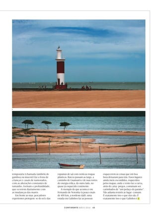 4

5

temporária (chamada também de
gamboa ou maceió) faz a festa de
crianças e casais de namorados,
com as alterações constantes de
tamanho, formato e profundidade,
que ocorrem diariamente com
as mudanças das marés.
Em frente ao mar, pescadores
experientes protegem-se do sol e das

espumas de sal com exóticas roupas
plásticas. Barcos passam ao largo, a
caminho de Guamarés e de suas torres
de energia eólica, do outro lado, no
quase já esquecido continente.
A exemplo do que acontece em
Fernando de Noronha (a pouco mais
de 400 km, a nordeste dali), uma
estada em Galinhos faz as pessoas

esquecerem as coisas que em boa
hora deixaram para trás. Esses lugares
ainda meio escondidos, esquecidos
pelos mapas, onde o vento faz a curva,
atrás de caixa-pregos, costumam ser
carimbados de “um pedaço do paraíso”.
Não adianta resistir ao lugar-comum.
É exatamente isso o que eles são. É
exatamente isso o que Galinhos é.

CONTINENTE MAIO 2012 | 45

viagem_galinhos.indd 45

23/04/2012 08:25:13

 