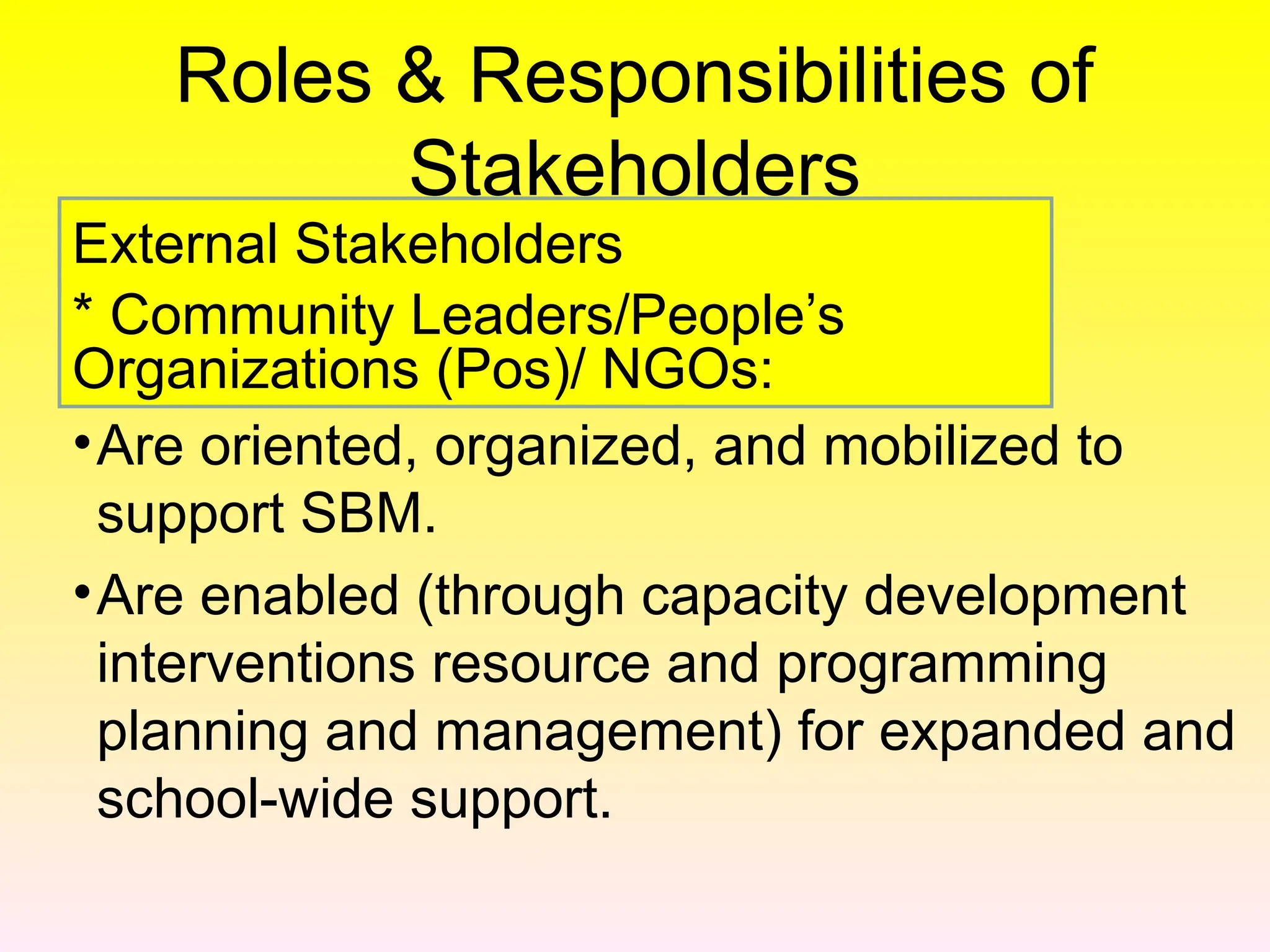 Roles & Responsibilities of
Stakeholders
•Are oriented, organized, and mobilized to
support SBM.
•Are enabled (through capacity development
interventions resource and programming
planning and management) for expanded and
school-wide support.
External Stakeholders
* Community Leaders/People’s
Organizations (Pos)/ NGOs:
 
