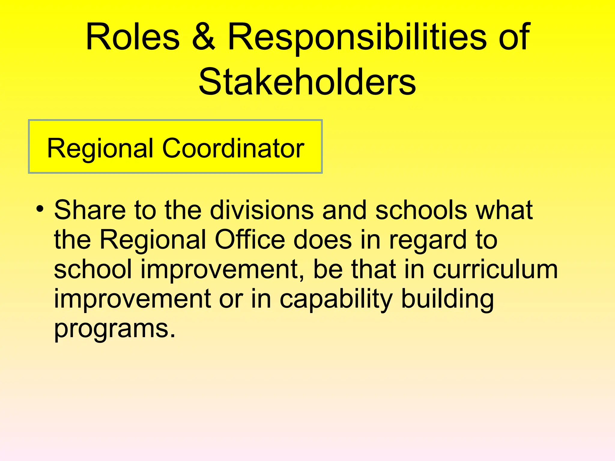 Roles & Responsibilities of
Stakeholders
• Share to the divisions and schools what
the Regional Office does in regard to
school improvement, be that in curriculum
improvement or in capability building
programs.
Regional Coordinator
 