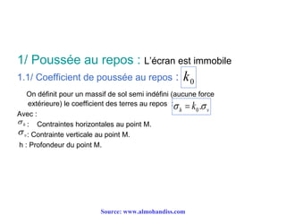1/ Poussée au repos : L’écran est immobile
1.1/ Coefficient de poussée au repos :
On définit pour un massif de sol semi indéfini (aucune force
extérieure) le coefficient des terres au repos :
Avec :
: Contraintes horizontales au point M.
: Contrainte verticale au point M.
h : Profondeur du point M.
h
vh k  .0
0k
v
Source: www.almohandiss.com
 