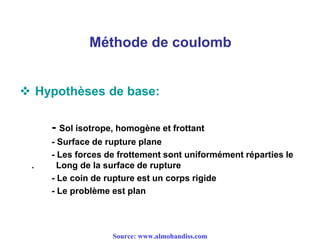 Méthode de coulomb
 Hypothèses de base:
- Sol isotrope, homogène et frottant
- Surface de rupture plane
- Les forces de frottement sont uniformément réparties le
. Long de la surface de rupture
- Le coin de rupture est un corps rigide
- Le problème est plan
Source: www.almohandiss.com
 