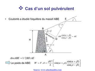  Cas d’un sol pulvérulent
• Coulomb a étudié l’équilibre du massif ABE
H
E
 
 
 
 180
AEAB 


)sin(
)sin(



B
A
D
Le poids de ABE: 








)sin(
)sin(
)sin(
2
²
.



H
AVW
AEBDAireABE .2/1
Source: www.almohandiss.com
 