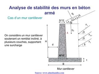 Analyse de stabilité des murs en béton
armé
Cas d’un mur cantilever
On considère un mur cantilever
soutenant un remblai incliné, à
plusieurs couches, supportant
une surcharge
q2
q1
β
λ
d
δ
δ
δ
Pq
1
Pa
Paq1
H
H/12
S/12
yG
t
Mur cantilever
B
Source: www.almohandiss.com
 