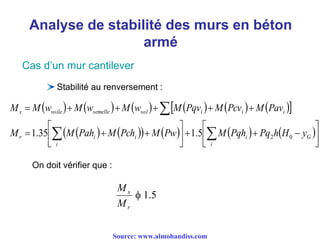 Analyse de stabilité des murs en béton
armé
Cas d’un mur cantilever
Stabilité au renversement :
            
          















G
i
i
i
iir
iiisolsemellevoiles
yHhPqPqhMPwMPchMPahMM
PavMPcvMPqvMwMwMwMM
025.135.1
On doit vérifier que :
5.1
r
s
M
M
Source: www.almohandiss.com
 