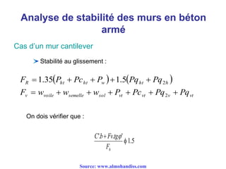Analyse de stabilité des murs en béton
armé
Cas d’un mur cantilever
Stabilité au glissement :
   
vtvvtvtsolsemellevoilev
hhtwhthtR
PqPqPcPwwwF
PqPqPPcPF


2
25.135.1
On dois vérifier que :
5.1
'.'.

hF
tgFvbC 
Source: www.almohandiss.com
 