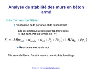 Analyse de stabilité des murs en béton
armé
Cas d’un mur cantilever
Vérification de la portance et de l’excentricité :
Résistance interne du mur :
Elle sera vérifiée au fur et à mesure du calcul de ferraillage
   vtvvtvtsolsemellevoilev PqPqPcPwwwF  25.135.1
Elle est analogue à celle pour les murs poids
(Il faut pondérer les termes de Fv )
Source: www.almohandiss.com
 