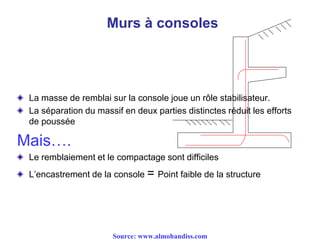 Murs à consoles
La masse de remblai sur la console joue un rôle stabilisateur.
La séparation du massif en deux parties distinctes réduit les efforts
de poussée
Mais….
Le remblaiement et le compactage sont difficiles
L’encastrement de la console = Point faible de la structure
Source: www.almohandiss.com
 