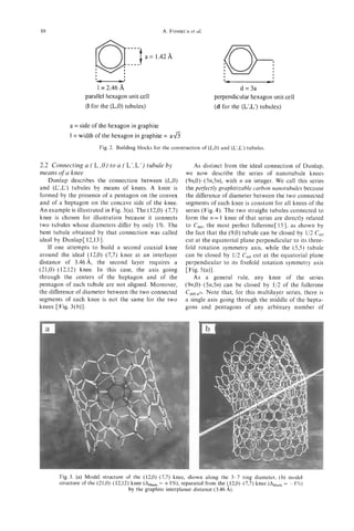 88                                                    A. FONSECA al.
                                                               et




                       I             I

                      1-
                                                                                 I
                                                                                                      -
                                                                                                      - 1


                           1 = 2.46 A                                                d=3a
                  parallel hexagon unit cell                                perpendicular hexagon unit cell
                  (1 for the (L,O) tubules)                                  (d for the (L',L') tubules)

           a = side of the hexagon in graphite
           1 = width of the hexagon in graphite = a 6
                           Fig. 2. Building blocks for the construction of (L,O)and (L',L')tubules.


2.2 Connecting a ( L ,0) to a (L',L') tubule by              As distinct from the ideal connection of Dunlap,
means of a knee                                           we now describe the series of nanotubule knees
    Dunlap describes the connection between (L,O) (9n,0)-(5n,5n),with n an integer. We call this series
and (L',L')  tubules by means of knees. A knee is the perfectly graphitizable carbon nanotubules because
formed by the presence of a pentagon on the convex the difference of diameter between the two connected
and of a heptagon on the concave side of the knee. segments of each knee is constant for all knees of the
An example is illustrated in Fig. 3(a). The (12,O)-( 7,7) series (Fig. 4). The two straight tubules connected to
knee is chosen for illustration because it connects form the n = 1 knee of that series are directly related
two tubules whose diameters differ by only 1%. The to C60, the most perfect fullerene[15], as shown by
bent tubule obtained by that connection was called the fact that the (9,O)tubule can be closed by 1/2 C60
ideal by Dunlap[ 12,131.                                  cut at the equatorial plane perpendicular to its three-
   If one attempts to build a second coaxial knee fold rotation symmetry axis, while the ( 5 3 ) tubule
around the ideal (12,O)-(7,7) knee at an interlayer can be closed by 1/2 C60 cut at the equatorial plane
distance of 3.46A, the second layer requires a perpendicular to its fivefold rotation symmetry axis
(21,O)-( 12,12) knee. In this case, the axis going [Fig. 5(a)].
through the centers of the heptagon and of the               As a general rule, any knee of the series
pentagon of each tubule are not aligned. Moreover, (9n,0)-(5n,5n) can be closed by 1/2 of the fullerene
the difference of diameter between the two connected C(60,n~). that, for this multilayer series, there is
                                                                   Note
segments of each knee is not the same for the two a single axis going through the middle of the hepta-
knees [Fig. 3(b)].                                        gons and pentagons of any arbitrary number of




        Fig. 3. (a) Model structure of the (12,O)-(7,7) knee, shown along the 5-7 ring diameter, (b) model
        structure of the (21,O)-( 12,12) knee (ADiam, + l%), separated from the (12,O)-(7,7) knee (ADiam. - 1%)
                                                    =                                                   =
                                       by the graphite interplanar distance (3.46 A).
 