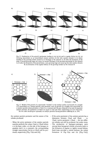 96                                                  A. FONSECAal.
                                                             et




       Fig. 12. Explanation of the growth mechanism leading to tori (a)-(e) and to regular helices (a)-(h). (a)
       Growing nanotubule on an immobilized catalyst particle; (b) the tube reaches obstacle A, (c) elastic
       bending of the growing tubule caused by its blockage at the obstacle A; (d) after the formation of the
       knee, a second growing stage can occur; (e) second blockage of the growing nanotubule by the obstacle
       A, ( f ) after the formation of the second knee, a new growing stage can occur; (g) the tube reaches obstacle
                       B (h) formation of the regular helicity in the growing tubules by the obstacle B.




 i   Perimeter=15ak




       Fig. 13. Model of the growth of a nanotubule “bonded” to the catalyst surface. (a) Growth of a straight
       ( 5 3 ) nanotubule on a catalyst particle, with perimeter 15ak; (b) growth of a straight (9,O) nanotubule on
       a catalyst particle whose perimeter is 18ak (k is a constant and the grey ellipsoids of (a) and (b) represent
       catalyst particles, the perimeters of which are equal to 15ak and 18ak, respectively); (c) (5,5)-(9,O) knee,
           the two sides should grow optimally on catalyst particles having perimeters differing by ca. 20%.


the catalyst particle perimeter and the nature of the          -   If the active perimeter of the catalyst particle has a
tubules produced:                                                  dimension between 15nak and 18nak, - i.e.
                                                                   15nak < active perimeter < 18nak - the two differ-
- When the active perimeter of the catalyst particle               ent tubules can still be produced, but under stress.
  matches perfectly the values 15nak or 18nak (where           -   The production of heptagon-pentagon pairs
  n is the layer order, a is the side of the hexagon in            among these hexagonal tubular structures leads to
  graphite and k is a constant), the corresponding                 the formation of regular or tightly wound helices.
  straight nanotubules (5n,5n) or (9n,O) will be pro-              Each knee provides a switch between the tubule
  duced, respectively [Fig. 13(a) and (b)] .                       formation of Fig. 13(a) and (b) [Fig. 13(c)].
 