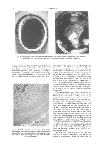11s                                                  X. K. WANGet al.




        Fig. 9. Photographs of the cross-section of the deposited rods; photos (a) and (b) were taken from deposited
               rods produced by the glow discharge and by the conventional arc discharge, respectively.



note that the average diameter of the bundles decreases         at the center of the deposited rod and the temperature
towards the perimeter of the deposited rod. The clad-           decreases towards the perimeter because the heat is
ding shell around the rod is composed of fused gra-             transported by both radiation and conduction via the
phitic flakes. The geometry and the distribution of the         He gas. In the cladding shell area, the temperature
bundles in the deposited rod may be interpreted as fol-         may not be high enough to form the bundles but is
lows. In the glow mode, the highest temperature occurs          sufficient to form fused graphitic materials. Although
                                                                several groups have speculated on the effect of the
                                                                electric field in the formation of buckytubes[ 13-
                                                                16,471, the influence of the temperature on the yield
                                                                and distribution of the bundles has not been discussed.
                                                                From our results, we may conclude that the tempera-
                                                                ture is one of the key factors in the formation of
                                                                buckybundles.
                                                                    Figure 11 shows two typical TEM images for the
                                                                deposited rods synthesized in the glow mode and the
                                                                conventional arc mode, respectively. Two samples for
                                                                TEM observation were prepared in an identical way.
                                                                The figures show the dramatic improvement in the
                                                                yield and quality of buckytubes synthesized in the glow
                                                                mode. The buckytubes and their bundles shown in
                                                                Fig. 11 (a) are thicker and longer than that shown in
                                                                Fig. 11 (b). The length of the tubes shown here is
                                                                larger than the field of view of HREM used in this
                                                                study. Our systematic studies indicated that the yield
                                                                of the tubes made by the glow discharge is at least 20
                                                                times larger than that of the tubes made by the arc dis-
                                                                charge. In the arc mode, the jumping of the arc causes
                                                                an instability of the electric field which leads to a clo-
                                                                sure of the tube tips, so as to minimize dangling bonds
                                                                and lower the total energy. Therefore, the conven-
                                                                tional arc discharge produces a low yield of low-
Fig. 10. A SEM micrograph of the cross-section of the           quality buckytubes.
deposited rod synthesized by the glow discharge shows an im-
age of 1/4 of the cross-section of the deposited rod; upper
                                                                    Note also that a large number of the tube tips,
left corner of the image corresponds to the center of the end   shown in Fig. 11 (b), are closed by caps that are po-
                    of the deposited rod.                       lygonal or cone-shaped. Iijima has found that the
 