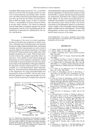 Electronic properties of carbon nanotubes                                      127

termediate field regime (around 0.5 T), x is probably              model developed by Ajiki and Ando[%]. From the tem-
sensitive to the fact that the sample consists of a mix-           perature dependence of the electrical resistance of this
ture of semiconducting and metallic tubes. Further-                microbundle, it appears that the measured nanotubes
more, the tubes in that mixture have different diameters           are semimetallic and behave like rolled-up graphene
and, thus, go from the low-field to the high-field re-             sheets. Below 1 K, the results are puzzling and yet un-
gime at different fields. Figure 10 shows a summary                explained. Susceptibility was measured on 20-mg sam-
of the a.c. susceptibilitiesof various forms of carbon,            ples containing a large variety of tubes. Free carrier
as an easy ready reference. The values for diamond                 contributes to the diamagnetic behavior of nanotubes,
and the basal plane of graphite represent the atomic               which is similar to that of graphite when the magnetic
contributions, and the c-axis of graphite and the sus-             length is smaller than the tube diameter. The low-field
ceptibilities of nanotubes are dominated by free car-              diamagnetism contains more information about the
rier contributions.                                                specific band structure of the tubes.

                     5. CONCLUSIONS                                Acknowledgements-The authors gratefully acknowledge
                                                                   much help from M.S. Dresselhaus and G . Dresselhaus in the
    The purpose of this work is to review experimen-               preparation of this article.
tal data on the electronic properties of carbon nano-
tubes. Although most of the theoretical work has been
focused on single-walled individual tubes, performing                                    REFERENCES
transport and other measurements on such entities is
extremely difficult and remains unachieved. Combined                1. S. Iijima, Nature (London) 354, 56 (1991).
                                                                    2. S. Iijima, Mater. Sci. Eng. B19, 172 (1993).
STM and STS measurements access single tubes within                 3. S. Iijima, T. Ichihashi, and Y. Ando, Nature (London)
bundles containing a few a tubes. They provide exper-                  356, 776 (1992).
imental evidence that graphite nanotubes behave as                  4. T. W. Ebbesen and P. M. Ajayan, Nature (London) 358,
nanowires, with a density of states and an energy gap                  220 (1992).
                                                                    5. T. W. Ebbesen, H. Hiura, J. Fujita, Y. Ochiai, S. Mat-
dependence on inverse diameter as predicted. Studies                   sui, and K. Tanigaki, Chem. Phys. Lett. 209, 83 (1993).
in ultra-high vacuum are needed to provide more quan-               6. J. C. Charlier and J. P. Michenaud, Phys. Rev. Lett. 70,
titative data on the dependence of the gap on diameter.                1858 (1993). J. C. Charlier, Carbon Nunotubes and Ful-
No electrical resistance measurements are currently                    lerenes. PhD thesis, Catholic University of Louvain, May
                                                                       1994.
available on a well-characterized single nanotube.                  7. C. T. White, D. H. Roberston, and J. W. Mintmire,
However, electrical resistivity measurements performed                 Phys. Rev. B 47, 5485 (1993).
at low temperature on a large nanotube bundle were                  8. R. Saito, G. Dresselhaus, and M. S. Dresselhaus, J.
interpreted in terms of a 2D WL. On the other hand,                    Appl. Phys. 73, 494 (1993). M. S. Dresselhaus, G. Dres-
MR data obtained for a single microbundle were con-                    selhaus, and R. Saito, Solid State Commun. 84, 201
                                                                       (1992).
sistent with the formation of Landau levels using the               9. R. Saito, M. Fujita, G. Dresselhaus, and M. S. Dressel-
                                                                       haus, In Electrical, Optical and Magnetic Properties of
                                                                       Organic Solid State Materials, MRS Symposia Proceed-
                                                                       ings, Boston (Edited by L. Y. Chiang, A. E Garito, and
                                                                       D. J. Sandman), vol. 247, page 333. Materials Research
                                                                       Society Press, Pittsburgh, PA (1992).
                                                                   10. 2. Zhang and C. M. Lieber, Appl. Phys. Lett. 62,2792
                                                                       (1993).
                                                                   11. C. H. Olk and J. P. Heremans, J. Mater. Res. 9, 259
                                                                       (1994).
                                                                   12. N. Venkateswaran, K. Sattler, U. Muller, B. Kaiser, 6.
                                                              J
                                                                       Raina, and J. Xhie, J. Vac. Sci. Technol.B9, 1052 (1991).
                                                                       M. Jobin, R. Emch, F. Zenhausern, S. Steinemann, and
                                                                       P. Descouts, J. Vac. Sci. Technol. B9, 1263 (1991). 2.
                                                                       Zhang, C. M. Lieber, D. S. Ginley, R. J. Baughman, and
                                                                       B. Morosin, J. Vac. Sci. Technol. B9, 1009 (1991). H.
       4-                                                     -
                                                                       Enomoto, H. Ozaki, M. Suzuki, T. Pujii, and M.
         I    Grappite, H in-plane                                     Yamaguchi, J. Vac. Sci. Technol. B9, 1022 (1991).
         7-
          )    0-0    -0-
                                                                   13. M. S. Dresselhaus, R. A. Jishi, G. Dresselhaus, and Ri-
         k*+++                                                         ichiro Saito, Fullerenes (1994). St. Petersburg, Russia
               Diamond’                                       -        Fullerene workshop, October 1993.
                 I     I   I   I   **,,,
                                     <-C60                ,        14. R. Heyd, A. Charlier, J. F. Marechi, E. McRae, and
               10                     100              1000            0. V. Zharikov, Solid State Commun. 89, 989 (1994).
                      Temperature (K)                              15. R. Seshardi, H. N. Aiyer, A. Govindaraj, and C. N.
                                                                       Rao, Solid State Commun. 91, 195 (1994).
Fig. 10. Temperature dependence of the magnetic suscepti-          16. S. N. Song, X. K. Wang, R. P. H. Chang, and J. B. Ket-
bility of various carbon-based materials. The data on HOPG             terson, Phys. Rev. Lett. 12, 697 (1994).
(H//c) are taken at 200 Oe. The data reported for nanotubes,       17. K. Noto and T. Tsuzuku, Jpn. J. Appl. Phys. 14, 46
graphite (H in-plane), and diamond, were taken at 4 kOe,               (1975).
those on diamond at 8 kOe. The ordinate axis is negative (af-      18. L. Stockman, G. Neuttiens, C. Van Haesendonck, and
                   ter Heremans et ai. [26]).                          Y. Bruynseraede, Appl. phys. Lett. 62, 2935 (1993).
 