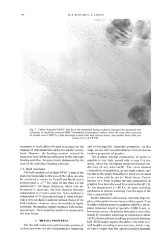 146                                        R. S. RUOFFand D. C. LORENTS




        Fig. 2. Cables of parallel SWNTs that have self-assembled during oxidative cleanup of arc-produced soot
        composed of randomly oriented SWNTs imbedded in amorphous carbon. Note the large cable consisting
        of several tens of SWNTs, triple and single strand tubes bent without kinks, and another bent cable con-
                                                sisting of 6 to 8 SWNTs.


treatment of such cables will need to account for the        and technologically important properties. At this
slippage of individual tubes along one another as they       stage, we can infer possible behavior from the known
bend. However, the bending moment induced by                 in-plane properties of graphite.
transverse force will be less influenced by the tube-tube        The in-plane thermal conductivity of pyrolytic
binding and, thus, be more closely determined by the         graphite is very high, second only to type 11-a dia-
sum of the individual bending constants.                     mond, which has the highest measured thermal con-
                                                             ductivity of any material[l8]. The c-axis thermal
2.3 Bulk modulus                                             conductivity of graphite is, as one might expect, very
   The bulk modulus of an ideal SWNT crystal in the          low due to the weakly bound layers which are attracted
plane perpendicular to the axis of the tubes can also        to each other only by van der Waals forces. Contri-
be calculated as shown by Tersoff and Ruoff and is           butions to a finite in-plane thermal conductivity in
proportional to D”2 for tubes of less than 1.0 nm            graphite have been discussed by several authors[7,19].
diameter[l7]. For larger diameters, where tube de-           At low temperature ( ~ 1 4 0 the main scattering
                                                                                           K),
formation is important, the bulk modulus becomes             mechanism is phonon scattering from the edges of the
independent of D and is quite low. Since modulus is          finite crystallites[ 191.
independent of D, close-packed large D tubes will pro-           Unlike materials such as mica, extremely large sin-
vide a very low density material without change of the       glecrystalgraphite has not been possible to grow. Even
bulk modulus. However, since the modulus is highly           in highly oriented pyrolytic graphite (HOPG), the in-
nonlinear, the modulus rapidly increases with increas-       plane coherence length is typically <lo00 A and, at
ing pressure. These quantities need to be measured in        low temperatures, the phonon free path is controlled
the near future.                                             mainly by boundary scattering; at temperatures above
                                                             140 K, phonon-phonon (umklapp processes) dominate
             3. THERMAL PROPERTIES                           [20]. TEM images suggest that defect-free tubes exist
   The thermal conductivity and thermal expansion of         with lengths exceeding several microns, which is sig-
carbon nanotubes are also fundamentally interesting          nificantly longer than the typical crystallite diameter
 