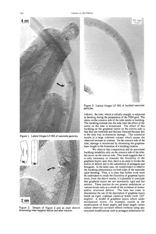 150                                            Letters to the Editor




                                                           Figure 3. Lattice fringes LF 002 of buckled nanotube
                                                           particles.

                                                           follows: the tube, which is initially straight, is subjected
                                                           to bending during the preparation of the TEM grid. The
                                                           stress on the concave side of the tube results in buckling.
                                                           The buckling extends into the tube until the effect of the
                                                           stress on the tube is minimized. The effect of this
                                                           buckling on the graphene layers on the convex side is
                                                           that they are stretched and become flattened because this
                                                           is the only way to minimize damage. This extension
Figure 1. Lattice fringes LF 002 of nanotube parhcles.     results in a large coherent volume which causes the
                                                           observed increase in contrast. On the concave side of the
                                                           tube, damage is minimized by shortening the graphene
                                                           layer length in the formation of a buckling location.
                                                                    We observe that compression and its associated
                                                           buckling instability only on the concave side of the tube,
                                                           but never on the convex side. This result suggests that it
                                                           is only necessary to consider the flexibility of the
                                                           graphene layers; and, thus, there is no need to invoke the
                                                           notion of defects due to the substitution of pentagons and
                                                           hexagons. In the latter case, we would expect to observe
                                                           the buckling phenomenon on both sides of the nanotube
                                                           upon bending. Thus, it is clear that further work must
                                                           be undertaken to study the flexibility of graphene layers
                                                           since, from the above results, it is possible to conclude
                                                           that graphene layers are not necessarily rigid and flat
                                                           entities. These entities do not present undulations or
                                                           various forms only as a result of the existence of atomic
                                                           andlor structural defects. The time has come to
                                                           discontinue the use of the description of graphene layers
                                                           based on rigid, coplanar chemical bonds (with 120'
                                                           angles)! A model of graphene layers which under
                                                           mechanical stress, for example, results in the
                                                           modification of bond angles and bond length values
Figure 2. Details of Figure 2 and an inset sketch          induce observed curvature effects (without using any
illustrating what happens before and after traction.       structural modifications such as pentagon substitution for
 