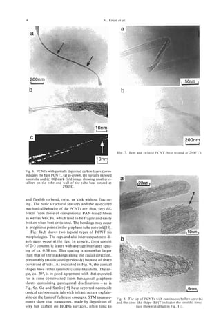 4                                                      M. ENDOet al.




                                                                Fig. 7. Bent and twisted PCNT (heat treated at 2500T).




Fig. 6 . PCNTs with partially deposited carbon layers (arrow
indicates the bare PCNT), (a) as-grown, (b) partially exposed
nanotube and (c) 002 dark-field image showing small crys-
tallites on the tube and wall of the tube heat treated at
                          2500°C.


and flexible to bend, twist, or kink without fractur-
ing. The basic structural features and the associated
mechanical behavior of the PCNTs are, thus, very dif-
ferent from those of conventional PAN-based fibers
as well as VGCFs, which tend to be fragile and easily
broken when bent or twisted. The bendings may occur
at propitious points in the graphene tube network[l8].
    Fig. 8a,b shows two typical types of PCNT tip
morphologies. The caps and also intercompartment di-
aphragms occur at the tips. In general, these consist
of 2-3 concentric layers with average interlayer spac-
ing of ca. 0.38 nm. This spacing is somewhat larger
than that of the stackings along the radial direction,
presumably (as discussed previously) because of sharp
curvature effects. As indicated in Fig. 9, the conical
shapes have rather symmetric cone-like shells. The an-
gle, ca. 20°, is in good agreement with that expected
for a cone constructed from hexagonal graphene
sheets containing pentagonal disclinations -as is
Fig. 9e. Ge and Sattler[l9] have reported nanoscale
conical carbon materials with infrastructure explain-
able on the basis of fullerene concepts. STM measure-           Fig. 8. The tip of PCNTs with continuous hollow core (a)
ments show that nanocones, made by deposition of                and the cone-like shape (b) (T indicates the toroidal struc-
very hot carbon on HOPG surfaces, often tend to                              ture shown in detail in Fig. 11).
 