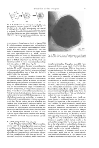 Nanoparticles and filled nanocapsules                                           157




        (a)                    (b)                   (C)
Fig. 5 . A growth model of a nanocapsule partially filled with
a crystallite of rare-earth carbide (RC, for R = Y, La, . . . ,
Lu; R,C, for R = Sc): (a) R-C alloy particles, which may be
in a liquid or quasi-liquid phase, are formed on the surface
of a cathode; (b) solidification (graphitization) begins from
the surface of a particle, and R-enriched liquid is left inside;
(c) graphite cage outside equilibrates with RC, (or R3C4for
                        R = Sc) inside.



temperature of the cathode surface is as high as 3500
K, volatile metals do not deposit on a surface of such
a high temperature, or else they re-evaporate imme-
diately after they deposit. Alternatively, since the
shank of an anode (away from the arc gap) is heated
to a rather high temperature (e.g., 2000 K), volatile
                                                                   Fig. 6 . TEM picture of an a-Fe particle grown in the cath-
metals packed in the anode rod may evaporate from
                                                                   ode soot; the core crystallite is wrapped in graphitic carbon.
the shank into a gas phase before the metals are ex-
posed to the high-temperature arc. For Sm, which was
not encapsulated, its vapor pressure reaches as high
as 1 atmosphere at 2000 K (see Fig. 4 .  )                         sists of several to about 30 graphene layers[28]. Nano-
    The criterion based on the vapor pressure holds for            capsules of the iron-group metals (Fe, Co, Ni) show
actinide; Th and U, being non-volatile (their vapor                structures and morphology different from those of
pressures are much lower than La), were recently found             rare-earth elements in the following ways. First, most
to be encapsulated in a form of dicarbide, ThC2[25]                of the core crystallites are in ordinary metallic phases
and UC2[26], like lanthanide.                                      (Le., carbides are minor). The a-Fe, P(fcc)-Co and
    It should be noted that rare-earth elements that               fcc-Ni are the major phases for the respective metals,
form metallofullerenes[27] coincide with those that are            and small amounts of y(fcc)-Fe and a(hcp)-Co are
encapsulated in nanocapsules. At present, it is not clear          also formed[ll]. Carbides formed for the three met-
whether the good correlation between the metal vol-                als were of the cementite phase (viz., Fe3C, Co3C,
atility and the encapsulation found for both nanocap-              and Ni3C). The quantity of carbides formed depends
sules and metallofullerenes is simply a result of kinetics         on the affinity of the metal toward carbon; iron forms
of vapor condensation, or reflects thermodynamic sta-              the carbide most abundantly (about 20% of metal at-
bility. From the viewpoint of formation kinetics, to               oms are in the carbide phase)[29], nickel forms the
form precursor clusters (transient clusters comprising             least amount (on the order of lOro), and cobalt, inter-
carbon and metal atoms) of filled nanocapsules or me-              mediate between iron and nickel.
tallofullerenes, metal and carbon have to condense si-                 Secondly, the outer graphitic layers tightly sur-
multaneously in a spatial region within an arc-reactor             round the core crystallites without a gap for most of
vessel (i.e., the two regions where metal and carbon               the particles, in contrast to the nanocapsules of rare-
condense have to overlap with each other spatially and             earth carbides, for which the capsules are polyhedral
chronologically). If a metal is volatile and its vapor             and have a cavity inside. The graphite layers wrapping
pressure is too high compared with that of carbon, the             iron (cobalt and nickel) particles bend to follow the
metal vapor hardly condenses on the cathode or near                curvature of the surface of a core crystallite. The gra-
the arc plasma region. Instead, it diffuses far away               phitic sheets, for the most part, seem to be stacked
from the region where carbon condenses and, thereby,               parallel to each other one by one, but defect-like con-
the formation of mixed precursor clusters scarcely                 trast suggesting dislocations, was observed[28], indi-
occurs.                                                            cating that the outer carbon shell is made up of small
                                                                   domains of graphitic carbon stacked parallel to the
4.2 Iron-group metals (Fe, Co, N )        i                        surface of the core particle. The structure may be sim-
    4.2.1 Wrapped nanocrystals. Metal crystallites                 ilar to that of graphitized carbon blacks, being com-
covered with well-developed graphitic layers are found             posed of small segments of graphitic sheets stacked
in soot-like material deposited on the outer surface of            roughly parallel to the particle surface[30].
a cathode slag. Figure 6 shows a TEM picture of an                     Magnetic properties of iron nanocrystals nested in
a(bcc)-Fe particle grown in the cathode soot. Gener-               carbon cages, which grew on the cathode deposit,
ally, iron crystallites in the a-Fe phase are faceted. The         have been studied by Hiura et al. [29]. Magnetization
outer shell is uniform in thickness, and it usually con-           ( M - H )curves showed that the coercive force, H,, of
 