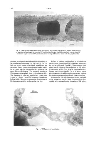 160                                                      Y. SAITO




       Fig. 10. TEM picture of a Ni metal left in the capillary of a graphite tube. Contact angle of the Ni particle
       on graphite surface (angle between the Ni/graphite interface and the Ni free surface) is larger than 90"
         (measured angle is about 140"), indicating poor wetting of Ni on the inner wall of a graphite tube.



methane is reportedly an indispensable ingredient to              Effects of various combinations of 3d-transition
be added to an inactive gas (Ar for iron)[9]. For co-          metals on the formation of SW tubes have been stud-
balt and nickel, on the other hand, no additives are           ied by Seraphin and Zhou[41]. They reported that
necessary; the arc evaporation of metal-loaded graph-          mixed metals enhanced the production of SW tubes;
ite in a pure inactive gas (usually He) produces SW            in particular, a 50% Fe + 50% Ni combination per-
tubes. Figure 12 shows a TEM image of bundles of               formed much better than Fe, Co, or Ni alone. It was
SW tubes growing radially from a Ni-carbide particle.          also shown that the addition of some metals, such as
The diameter of tubes are mostly in a range from               Cu, to these metals poisoned their catalytic action.
1.0 nm to 1.3 nm. Tips of SW tubes are capped and                 Catalysts for SW tube formation are not confined
hollow inside. No contrast suggesting the presence of          to the iron-group metals. Some elements of the lan-
Ni clusters or particles is observed at the tips.              thanide series can catalyze the formation of SW tubes,




                                        Fig. 11. TEM picture of nanochains.
 