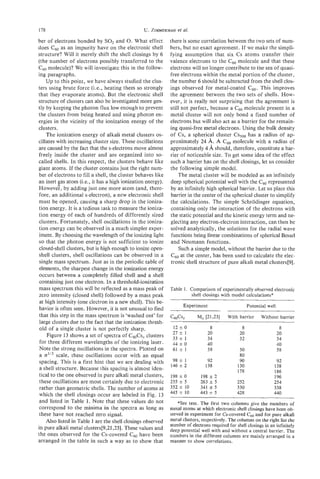 178                                                        et
                                                 U. ZIMMERMAN at.

ber of electrons bonded by SO2 and 0. What effect             there is some correlation between the two sets of num-
does C60 as an impurity have on the electronic shell          bers, but no exact agreement. If we make the simpli-
structure? Will it merely shift the shell closings by 6       fying assumption that six Cs atoms transfer their
(the number of electrons possibly transferred to the          valence electrons to the c0 molecule and that these
                                                                                           6
c 6 0 molecule)? We will investigate this in the follow-      electrons will no longer contribute to tne sea of quasi-
ing paragraphs.                                               free electrons within the metal portion of the cluster,
     Up to this point, we have always studied the clus-       the number 6 should be subtracted from the shell clos-
ters using brute force (i.e., heating them so strongly        ings observed for metal-coated c 6 0 . This improves
that they evaporate atoms). But the electronic shell          the agreement between the two sets of shells. How-
structure of clusters can also be investigated more gen-      ever, it is really not surprising that the agreement is
tly by keeping the photon flux low enough to prevent          still not perfect, because a c 6 0 molecule present in a
the clusters from being heated and using photon en-           metal cluster will not only bond a fixed number of
ergies in the vicinity of the ionization energy of the        electrons but will also act as a barrier for the remain-
clusters.                                                     ing quasi-free metal electrons. Using the bulk density
     The ionization energy of alkali metal clusters os-       of Cs, a spherical cluster Cs,,, has a radius of ap-
cillates with increasing cluster size. These oscillations     proximately 24 A. A Cm molecule with a radius of
are caused by the fact that the s-electrons move almost       approximately 4 A should, therefore, constitute a bar-
freely inside the cluster and are organized into so-          rier of noticeable size. To get some idea of the effect
called shells. In this respect, the clusters behave like       such a barrier has on the shell closings, let us consider
giant atoms. If the cluster contains just the right num-      the following simple model.
ber of electrons to fill a shell, the cluster behaves like          The metal cluster will be modeled as an infinitely
an inert gas atom (Le., it has a high ionization energy).      deep spherical potential well with the C60represented
Howeve?, by adding just one more atom (and, there-             by an infinitely high spherical barrier. Let us place this
fore, an additional s-electron), a new electronic shell        barrier in the center of the spherical cluster to simplify
must be opened, causing a sharp drop in the ioniza-            the calculations. The simple Schrodinger equation,
tion energy. It is a tedious task to measure the ioniza-       containing only the interaction of the electrons with
tion energy of each of hundreds of differently sized           the static potential and the kinetic energy term and ne-
 clusters. Fortunately, shell oscillations in the ioniza-      glecting any electron-electron interaction, can then be
 tion energy can be observed in a much simpler exper-          solved analytically, the solutions for the radial wave
 iment. By choosing the wavelength of the ionizing light       functions being linear combinations of spherical Bessel
 so that the photon energy is not sufficient to ionize         and Neumann functions.
closed-shell clusters, but is high enough to ionize open-           Such a simple model, without the barrier due to the
 shell clusters, shell oscillations can be observed in a       c 6 0 at the center, has been used to calculate the elec-
 single mass spectrum. Just as in the periodic table of        tronic shell structure of pure alkali metal clusters[9].
 elements, the sharpest change in the ionization energy
 occurs between a completely filled shell and a shell
 containing just one electron. In a threshold-ionization
 mass spectrum this will be reflected as a mass peak of       Table 1. Comparison of experimentally observed electronic
 zero intensity (closed shell) followed by a mass peak                 shell closings with model calculations*
                                                                                                                            -
 at high intensity (one electron in a new shell). This be-
                                                                      Experiment                      Potential well
 havior is often seen. However, it is not unusual to find
 that this step in the mass spectrum is ‘washed out’ for      c @
                                                               6 ,         M, [21,23]      With barrier     Without barrier
 large clusters due to the fact that the ionization thresh-
 old of a single cluster is not perfectly sharp.               12 f 0             8               8                     8
     Figure 13 shows a set of spectra of C60Cs, clusters       27 f 1            20              20                    20
                                                               33 f 1            34              32                    34
 for three different wavelengths of the ionizing laser.        44 f 0            40                                    40
 Note the strong oscillations in the spectra. Plotted on       61 f 1            58              50                    58
 a n1’3 scale, these oscillations occur with an equal                                            80
 spacing. This is a first hint that we are dealing with           *
                                                               98 1              92              90                 92
                                                              146 f 2           138             130                138
 a shell structure. Because this spacing is almost iden-                                        178                186
 tical to the one observed in pure alkali metal clusters,     198 i 0        198 i 2                               196
 these oscillations are most certainly due to electronic      255 f 5        263 f 5            252                254
 rather than geometric shells. The number of atoms at         352 f 10       341 f 5            330                338
 which the shell closings occur are labeled in Fig. 13        445 f 10       443 a 5            428                440
 and listed in Table 1. Note that these values do not             *See text. The first two columns give the numbers of
 correspond to the minima in the spectra as long as           metal atoms at which electronic shell closings have been ob-
 these have not reached zero signal.                          served in experiment for Cscovered C,, and for pure alkali
     Also listed in Table 1 are the shell closings observed   metal clusters, respectively. The columns on the right list the
                                                              number of electrons required for shell closings in an infinitely
in pure alkali metal clusters[9,21,23]. These values and      deep potential well with and without a central barrier. The
the ones observed for the Cs-covered Cm have been             numbers in the different columns are mainly arranged in a
arranged in the table in such a way as to show that           manner to show correlations.
 