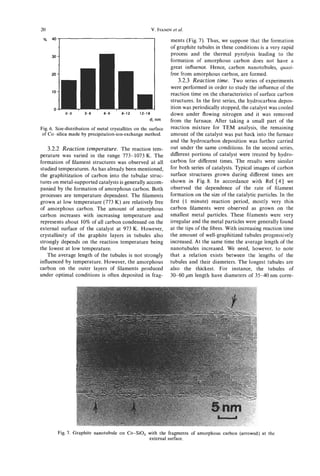 20                                                              et al.
                                                         V. IVANOV

                                                                ments (Fig. 7). Thus, we suppose that the formation
                                                                of graphite tubules in these conditions is a very rapid
     30-
                                                                process and the thermal pyrolysis leading to the
                                                                formation of amorphous carbon does not have a
                                                                great influence. Hence, carbon nanotubules, quasi-
                                                                free from amorphous carbon, are formed.
                                                                    3.2.3 Reaction time. Two series of experiments
                                                                were performed in order to study the influence of the
                                                                reaction time on the characteristics of surface carbon
                                                                structures. In the first series, the hydrocarbon depos-
                                                                ition was periodically stopped, the catalyst was cooled
            0-3      3-6       6-9      9-12     12-18          down under flowing nitrogen and it was removed
                                                      d, nm     from the furnace. After taking a small part of the
Fig. 6. Sizedistribution of metal crystallites on the surface   reaction mixture for TEM analysis, the remaining
 of Co-silica made by precipitation-ionexchangemethod.          amount of the catalyst was put back into the furnace
                                                                and the hydrocarbon deposition was further carried
    3.2.2 Reaction temperature. The reaction tem-               out under the same conditions. In the second series,
perature was vaned in the range 773-1073K. The                  different portions of catalyst were treated by hydro-
formation of filament structures was observed at all            carbon for different times. The results were similar
studied temperatures. As has already been mentioned,            for both series of catalysts. Typical images of carbon
the graphitization of carbon into the tubular struc-            surface structures grown during different times are
tures on metal-supported catalysts is generally accom-          shown in Fig. 8. In accordance with Ref. [4] we
panied by the formation of amorphous carbon. Both               observed the dependence of the rate of filament
processes are temperature dependent. The filaments              formation on the size of the catalytic particles. In the
grown at low temperature (773 K) are relatively free            first (1 minute) reaction period, mostly very thin
of amorphous carbon. The amount of amorphous                    carbon filaments were observed as grown on the
carbon increases with increasing temperature and                smallest metal particles. These filaments were very
represents about 10% of all carbon condensed on the             irregular and the metal particles were generally found
external surface of the catalyst at 973 K. However,             at the tips of the fibres. With increasing reaction time
crystallinity of the graphite layers in tubules also            the amount of well-graphitized tubules progressively
strongly depends on the reaction temperature being              increased. At the same time the average length of the
the lowest at low temperature.                                  nanotubules increased. We need, however, to note
   The average length of the tubules is not strongly            that a relation exists between the lengths of the
influenced by temperature. However, the amorphous               tubules and their diameters. The longest tubules are
carbon on the outer layers of filaments produced                also the thickest. For instance, the tubules of
under optimal conditions is often deposited in frag-            3&60 pm length have diameters of 35-40 nm corre-




        Fig.7. Graphite nanotubule on Co-SiO, with the fragments of amorphous carbon (arrowed) at the
                                              external surface.
 