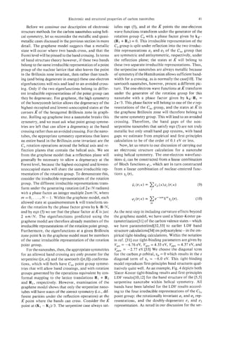 Electronic and structural properties of carbon nanotubes                             41

    Before we continue our description of electronic          isfies eqn (3, at the points the one-electron
                                                                                and
structure methods for the carbon nanotubes using heli-        wave functions transform under the generator of the
cal symmetry, let us reconsider the metallic and quasi-       rotation group C,,    with a phase factor given by kR.
metallic cases discussed in the previous section in more      (R,+ R2) = 0. This irreducible representation of the
detail. The graphene model suggests that a metallic           C, group is split under reflection into the two irreduc-
state will occur where two bands cross, and that the          ible representations a, and a2 of the C,, group that
Fermi level will be pinned to the band crossing. In terms     are symmetric and antisymmetric, respectively, under
of band structure theory however, if these two bands          the reflection plane; the states at K will belong to
belong to the same irreducible representation of a point      these two separate irreducible representations. Thus,
group of the nuclear lattice that also leaves the point       the serpentine nanotubes are always metallic because
in the Brillouin zone invariant, then rather than touch-      of symmetry if the Hamiltonian allows sufficient band-
ing (and being degenerate in energy) these one-electron       width for a crossing, as is normally the case[lO]. The
eigenfunctions will mix and lead to an avoided cross-         sawtooth nanotubes, however, present a different pic-
ing. Only if the two eigenfunctions belong to differ-         ture. The one-electron wave functions at K transform
ent irreducible representations of the point group can        under the generator of the rotation group for this
they be degenerate. For graphene, the high symmetry           nanotube with a phase factor given by LR-R,=
of the honeycomb lattice allows the degeneracy of the         2n/3. This phase factor will belong to one of the e rep-
highest-occupied and lowest-unoccupied states at the          resentations of the C,,,  group, and the states at If in
corners K of the hexagonal Brillouin zone in graph-           the graphene Brillouin zone will therefore belong to
ene. Rolling up graphene into a nanotube breaks this          the same symmetry group. This will lead to an avoided
symmetry, and we must ask what point group symme-             crossing. Therefore, the band gaps of the non-
tries are left that can allow a degeneracy at the band        serpentine nanotubes that satisfy eqn ( 5 ) are not truly
crossing rather than an avoided crossing. For the nano-       metallic but only small band gap systems, with band
tubes, the appropriate symmetry operations that leave         gaps we estimate from empirical and first-principles
an entire band in the Brillouin zone invariant are the        calculation to be of the order of 0.1 eV or less.
C, rotation operations around the helical axis and re-            Now, let us return to our discussion of carrying out
flection planes that contain the helical axis. We see         an electronic structure calculation for a nanotube
from the graphene model that a reflection plane will          using helical symmetry. The one-electron wavefunc-
generally be necessary to allow a degeneracy at the           tions II;- can be constructed from a linear combination
Fermi level, because the highest-occupied and lowest-         of Bloch functions ‘pi, which are in turn constructed
unoccupied states will share the same irreducible rep-        from a linear combination of nuclear-centered func-
resentation of the rotation group. To demonstrate this,       tions x j ( r ) ,
consider the irreducible representations of the rotation
group. The different irreducible representations trans-
form under 1he generating rotation (of ~ T / N   radians)
with a phase factor an integer multiple 2am/N, where
m = 0, . . . , N - 1. Within the graphene model, each
allowed state at quasimomentum k will transform un-
der the rotation by the phase factor given by k.B/N,
and by eqn ( 5 ) we see that the phase factor at K i s just   As the next step in including curvature effects beyond
2 ~rn/N.The eigenfunctions predicted using the                the graphene model, we have used a Slater-Koster pa-
graphene model are therefore already members of the           rameterization[31]of the carbon valence states- which
irreducible representations of the rotation point group.      we have parameterized[32,33] to earlier LDF band
Furthermore, the eigenfunctions at a given Brillouin          structure calculations[34] on polyacetylene-in the em-
zone point k in the graphene model must be members            pirical tight-binding calculations. Within the notation
of the same irreducible representation of the rotation        in ref. [31] our tight-binding parameters are given by
point group.                                                   V ,= -4.76 eV, V,,= 4.33 eV, Vpp,= 4.37 eV, and
                                                                ,
    For the nanotubes, then, the appropriate symmetries        Vppa= -2.77 eV.[33] We choose the diagonal term
for an allowed band crossing are only present for the         for the carbon p orbital, = 0 which results in the s
serpentine ( [ n n ] ) and the sawtooth ([n,O])
                 ,                            conforma-       diagonal term of E, = -6.0 eV. This tight-binding
tions, which will both have C,,, point group symme-           model reproduces first-principlesband structures qual-
tries that will allow band crossings, and with rotation       itatively quite well. As an example, Fig. 4 depicts both
groups generated by the operations equivalent by con-         §later-Koster tight-binding results and first-principles
formal mapping to the lattice translations R 1+ R2            LDF results[l0,12] for the band structure of the [5,5]
and R1,    respectively. However, examination of the          serpentine nanotube within helical symmetry. AI1
graphene model shows that only the serpentine nano-           bands have been labeled for the LDF results accord-
tubes will have states of the correct s m e r @e., dif-
                                        ymty                  ing to the four irreducible representations of the C,,
ferent parities under the reflection operation) at the        point group: the rotationally invariant a, and a, rep-
   point where the bands can cross. Consider the K            resentations, and the doubly-degenerate el and e2
point at (K, - K2)/3. The serpentine case always sat-         representation. As noted in our discussion for the ser-
 