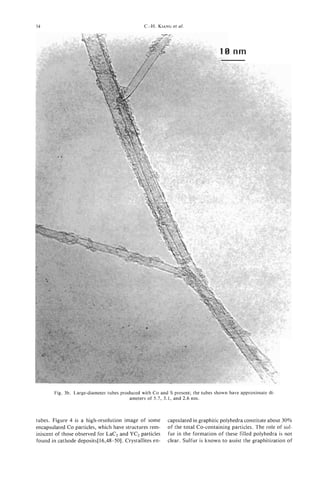 54                                            C.-H. KIANG et a/.




                                                                                18 nm




       Fig. 3b. Large-diameter tubes produced with Co and S present; the tubes shown have approximate di-
                                         ameters of 5.7, 3.1, and 2.6 nm.



tubes. Figure 4 is a high-resolution image of some       capsulated in graphitic polyhedra constitute about 30%
encapsulated Co particles, which have structures rem-    of the total Co-containing particles. The role of sul-
iniscent of those observed for Lac2 and YC2 particles    fur in the formation of these filled polyhedra is not
found in cathode deposits[16,48-501. Crystallites en-    clear. Sulfur is known to assist the graphitization of
 