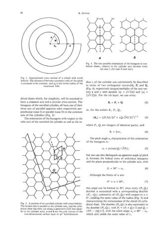 60                                                        R. SETTON




                                                                                                                  b
                                                                   Fig. 3. The two possible orientations of the hexagons in non-
                                                                   helical sheets, relative to the cylinder axis (broken line);
                                                                                 (a) case I; (b) case I1 (see text).



Fig. 1. Approximate cross section of a tubule with scroll
helicity. The distance d between successive rolls of the spiral    dius ri of the cylinder can conveniently be described
is assumed to be constant, and no is the initial radius of the
                       innermost fold.                             in terms of two orthogonal vectors[4], Pi and Qi
                                                                   (Fig. 4), respectively integral multiples of the unit vec-
                                                                                                    XI
                                                                   tors x and 7 with moduli I = (3/2)G and I y I =
                                                                    (&/2)G. For the ith layer, we can write:
drical sheets which, for simplicity, will be assumed to
have a common axis and a circular cross-section. The
hexagons of the unrolled cylinders all have one of their
three sets of parallel opposite sides respectively per-            or, for the scalars R i , Pi, Qi,
pendicular (case I) or parallel (case 11) to the common
axis of the cylinders (Fig. 3).
   The orientation of the hexagons with respect to the
tube axis of the unrolled ith cylinder as well as the ra-
                                                                   where Pi, Qi are integers of identical parity, and

                                                                                          Ri = 27rri.                        (4)

                                                                      The pitch angle ai characteristic of this orientation
                                                                   of the hexagons is:

                                                                                   ai = arctan(Qi/fiPi),                     (5)

                                                                   but one can also distinguish an apparent angle of pitch
                                                                   pi between the helical rows of unbroken hexagons
                                                                   and the plane perpendicular to the cylinder axis, with



                                                                       Although the limits of     LY     are:



                                                                   this angle can be limited to 30", since every ( P i ,Qi)
                                                                   doublet is associated with a corresponding doublet
                                                                    (Pi,-Qi), symmetric of (Pi,Qi) with respect to a =
                                                                   O", yielding the same value of the radius (Fig. 5 ) and
                                                                   characterizing the stereoisomer of the chiral ith cylin-
Fig. 2. A portion of an unrolled cylinder with screw helicity.     drical sheet, The doublet (Pi,Qi) is also equivalent to
The broken line is parallel to the cylinder axis, and the cylin-
drical sheet has been cut along a generatrix (full line paral-
                                                                   the doublet (Pi, with Pi= ( P , + Q,)/2 and Qi =
                                                                                     Qj),
lel t o the cylinder axis). a and b are the unit vectors of the     (3P, - 2Qi)/2, with the pitch angle ai = 60" - ai.
     two-dimensional carbon layer in sp2 hybridization.            which also yields the same value of ri.
 