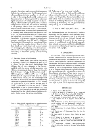 64                                                     R. SETTON

successive sheets have nearly constant helicity suggests      2.8 Influence of the innermost cylinder
the following mechanism: once the ith (topmost) sheet            If the template effect of Endo and Kroto[9] does
is formed, C, species in the gas phase (n = 3,1,2. . . ,      indeed exist and the growth of the tubule occurs out-
in order of decreasing abundance[6]) condense onto            wards, a knowledge of the Characteristics of the inner-
the outer surface of the tube, probably at a distance         most tube is then of paramount importance in any
slightly larger than 0.34 nm[7], in registry with the un-     attempt at modelizing the structure of a symmetric
derlying substrate and in sp2 hybridization, since this       nanotube[111. By reversing eqn (17), possible values
configuration is the one that best minimizes the energy       for P1and Q , can be obtained from
of the system[8]. The ith sheet thus constitutes the
template for the construction of the ( i + 1)th sheet[9],         3P;   + (212 = (16a2/3) [ ( r l / G ) 2 W r ] ,
                                                                                                        *           (26)
and the helicity of the as-yet-unclosed cylinder during
its formation is the same as that of the underlying sub-      and the inequalities (8) and (9), provided rl has been
strate. This process continues until the C atoms on ei-       determined (say, by HRTEM -high resolution trans-
ther side of the cut form the C-C bonds that close            mission electron microscopy), and G is arbitrarily
the cylinder. If the geometric characteristics of these       fixed, say, at G = 0.142 nm. Although the task may
bonds are too different from 120" and G = 0.142 nm,           become formidable if r1 and/or 6r/r are large, the
the pitch angle w l change to the immediately higher
                  il                                          number of possibilities is strictly limited, especially
or lower value, thus ensuring closure. Once the cylin-        since selected area electron diffraction (SAED) can
der is closed, and even if closure only involved a single     provide narrower limits by giving a first approxima-
row of hexagons, the following rows of the cylindri-          tion of the pitch angle[3].
cal sheet will necessarily have the same pitch angle, at
least as long as the sheet is growing over an existing
                                                                                  3. CONCLUSION
substrate.
                                                             It is clear that a large number of parameters influ-
                                                         ence the formation of the sheets in a tubule and that
2.7 Smallest inner tube diameter
                                                         their relative importance is still unknown, as is also the
   Liu and Cowley[3] have reported the observation
of innermost cylinders with diameters as small as 0.7 cause of the occurrence of the defects responsible for
or 1.3 nm. The first value is only slightly larger than the eventual polygonization of the sheets. Although
0.68 nm, the well known diameter of the Cs0 mol-
                                                         the model presented here highlights the necessity of in-
ecule[lO], while the second is in fair agreement with cluding, as one of the parameters, the uncertainty
                                                                                                                 6r
                                                         or 6d on the separation of successive cylindrical sheets,
1.36 nm, the calculated diameter Cm. As shown in
Table 5 , there are 5 (PI, doublets which, with G =
                            Q1)
                                                         it is impossibIe to predict with absolute certainty the
0.142 nm, give rl = 0.35 nm +3%, and 14 (P1,Q1)
                                                         final characteristics of any of these sheets, symmetric
doublets (not all are given in Table 4) for the larger or not, on the basis of the characteristics of thepre-
of the two values within k5%. It is interesting to find vious one. Nevertheless, a number of features of their
                                                         structure, such as the presence or absence of helicity,
that there is, in both cases, the possibility of forming
                                                         and the presence of groups of sheets with nearly the
a non-helical cylindrical sheet with or = Oo, namely
( P , , Q , ) = (10,0), rl = 0.339 nm, and (Pl,QI)= same angle of pitch, can be explained and quantified.
(20,0), rl = 0.678 nm, with the first row of C atoms
corresponding to one of the equatorial cuts of C60or                                REFERENCES
of C240;but ignorance of the actual mechanism of
formation of the first cylindrical sheet forbids an ob-        1. S. Iijima, Nature 354, 56 (1991).
                                                               2. X. Lin, X. K. Wang, V. P. Dravid, R. P. H. Chang, and
jective choice among the various possibilities.                    J. B. Ketterson, Appl. Phys. Letters 64, 181 (1994).
                                                               3. M. Liu and J. M. Cowley, Carbon 32, 393 (1994).
                                                               4. A. Setton and R. Setton, Synth. Met. 4, 59 (1981).
                                                               5 . T. W. Ebbessen and P. M. Ajayan, Nature 358, 220
                                                                   (1992).
                                                               6 . D. R. Stull and G . C. Sinke, Thermodynamicproperties
Table 5 . Some possible characteristics of symmetric sheets        of the elements (No. 18, Advances in Chemistry Se-
             with the smallest observed radii                      ries), pp. 66-69. American Chemical Society, Washing-
                                                                   ton (1956).
                                                               7. L. A. Girifalco and R. A. Lad, J. Chem. Phys. 25,693
                                                                   (1956).
                           0.339                0              8. J.-C. Charlier and J.-P. Michenaud, Phys. Rev.Lett. 70,
                           0.341                6.59               1858 (1993).
                           0.348               13.00           9. M. Endo and H. W. Kroto, J. Phys. Chem. 96, 6941
                           0.352               30                  (1992).
                           0.359               19.11          10. P. A . Heiney, J. E. Fischer, A. R. McGhie, W. J.
                           0.626               30                  Romanow, A. M. Denenstein, J. P. McCauley, Jr.,
                           0.644                1.74               A. P. Smith 111, and D. E. Cox, Phys. Rev.Lett. 66,291
                           0.665               30                  (199 1).
                           0.678                0             11. V. A. Drits and C. Tchoubar, X-Ray diffraction by
                           0.679                3.30               disordered lamellar structures. Springer-Verlag, Berlin
                                                                   (1 990).
 