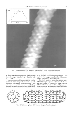 STM of carbon nanotubes and nanocones                                        61




            Fig. 1. Atomic resolution STM image of a 10 A nanotube of carbon with cross-sectional plot.


lar surface is a graphitic network. The honeycomb sur-       at the substrate. In vapor-phase growth without a cat-
face net is arranged in a helical way, with a chiral angle   alyst, the tubes may grow out of a hollow fullerene cap
of 5.0 f 0.5".                                               instead of a compact spherical particle.
    In a common method for the production of tubu-               This view is supported by our observation of hemi-
lar carbon fibers, the growth is initiated by sub-           spherically capped single-wall and multi-wall tubes on
micrometer size catalytic metal particles[ 191. Tube         the same samples. It suggests that the C,,-derived
growth out of a graphite rod during arc-discharge            tube could be the core of possible multilayer concen-
might also be related to nanoparticle-like seeds present     tric graphitic tubes. After the single-shelltube has been




                    Fig. 2. Model of the Cm-based 10 A tube with zigzag configuration (C,,+,,j).
 