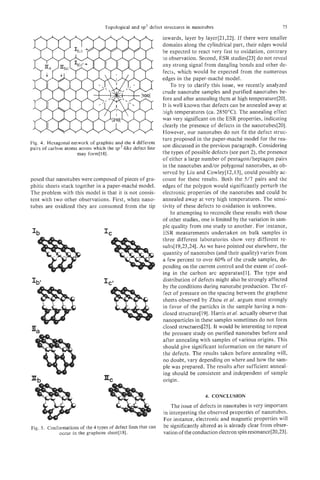 Topological and sp3 defect structures in nanotubes                                 15

                                                                 inwards, layer by layer[21,22]. If there were smaller
                                                                 domains along the cylindrical part, their edges would
                                                                 be expected to react very fast to oxidation, contrary
                                                                 to observation. Second, ESR studies[23] do not reveal
                                                                 any strong signal from dangling bonds and other de-
                                                                 fects, which would be expected from the numerous
                                                                 edges in the paper-machk model.
                                                                     To try to clarify this issue, we recently analyzed
                                                                 crude nanotube samples and purified nanotubes be-
                                                                 fore and after annealing them at high temperature[20].
                                                                 It is well known that defects can be annealed away at
                                                                 high temperatures (ca. 285OOC). The annealing effect
                                                                 was very significant on the ESR properties, indicating
                                                                 clearly the presence of defects in the nanotubes[20].
                                                                 However, our nanotubes do not fit the defect struc-
                                                                 ture proposed in the paper-machi model for the rea-
Fig. 4. Hexagonal network of graphite and the 4 different
pairs of carbon atoms across which the sp3-likedefect line       son discussed in the previous paragraph. Considering
                       may form[l8].                             the types of possible defects (see part 2), the presence
                                                                 of either a large number of pentagon/heptagon pairs
                                                                 in the nanotubes and/or polygonal nanotubes, as ob-
                                                                 served by Liu and Cowley[12,13], could possibly ac-
posed that nanotubes were composed of pieces of gra-             count for these results. Both the 5/7 pairs and the
phitic sheets stuck together in a paper-machi model.             edges of the polygon would significantly perturb the
The problem with this model is that it is not consis-            electronic properties of the nanotubes and could be
tent with two other observations. First, when nano-              annealed away at very high temperatures. The sensi-
tubes are oxidized they are consumed from the tip                tivity of these defects to oxidation is unknown.
                                                                     In attempting to reconcile these results with those
                                                                 of other studies, one is limited by the variation in sam-
                                                                 ple quality from one study to another. For instance,
lb                                  =C                           IESR measurements undertaken on bulk samples in
                                                                 three different laboratories shoq7 very different re-
                                                                 sults[19,23,24]. As we have pointed out elsewhere, the
                                                                 quantity of nanotubes (and their quality) varies from
                                                                 a few percent to over 60% of the crude samples, de-
                                                                 pending on the current control and the extent of cool-
                                                                 ing in the carbon arc apparatus[l]. The type and
                                                                 distribution of defects might also be strongly affected
                                                                 by the conditions during nanotube production. The ef-
                                                                 fect of pressure on the spacing between the graphene
                                                                 sheets observed by Zhou et al. argues most strongly
                                                                 in favor of the particles in the sample having a non-
                                                                 closed structure[l9]. Harris et a . actually observe that
                                                                                                   f
                                                                 nanoparticles in these samples sometimes do not form
                                                                 closed structures[25]. It would be interesting to repeat
                                                                 the pressure study on purified nanotubes before and
                                                                 after annealing with samples of various origins. This
                                                                 should give significant information on the nature of
                                                                 the defects. The results taken before annealing will,
                                                                 no doubt, vary depending on where and how the sam-
                                                                 ple was prepared. The results after sufficient anneal-
                                                                 ing should be consistent and independent of sample
                                                                 origin.

                                                                                    4. CONCLUSION

                                                                     The issue of defects in nanotubes is very important
                                                                 in interpreting the observed properties of nanotubes.
                                                                 For instance, electronic and magnetic properties will
Fig. 5 . Conformations of the 4 types of defect lines that can   be significantly altered as is already clear from obser-
              occur in the graphene sheet[l8].                   vation of the conduction electron spin resonance[20,23].
 