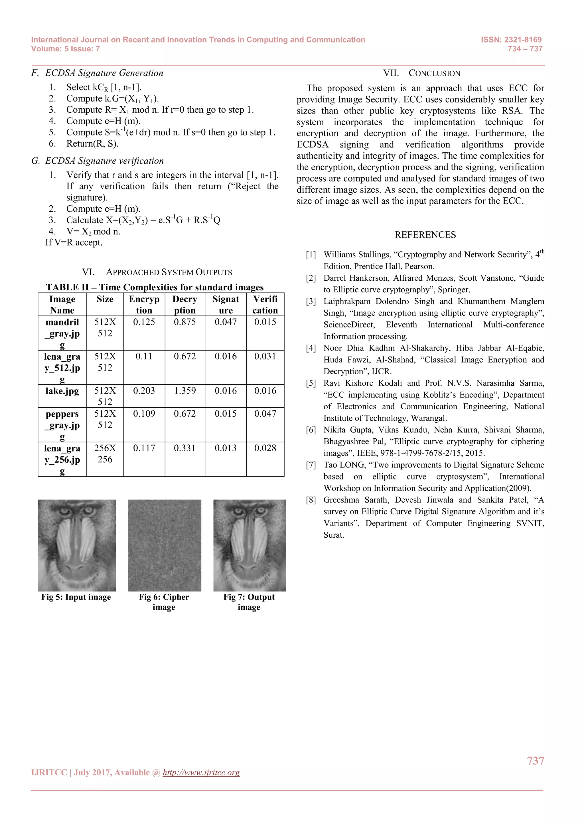 International Journal on Recent and Innovation Trends in Computing and Communication ISSN: 2321-8169 Volume: 5 Issue: 7 734 – 737 _______________________________________________________________________________________________ 737 IJRITCC | July 2017, Available @ http://www.ijritcc.org _______________________________________________________________________________________ F. ECDSA Signature Generation 1. Select kЄR [1, n-1]. 2. Compute k.G=(X1, Y1). 3. Compute R= X1 mod n. If r=0 then go to step 1. 4. Compute e=H (m). 5. Compute S=k-1 (e+dr) mod n. If s=0 then go to step 1. 6. Return(R, S). G. ECDSA Signature verification 1. Verify that r and s are integers in the interval [1, n-1]. If any verification fails then return (“Reject the signature). 2. Compute e=H (m). 3. Calculate X=(X2,Y2) = e.S-1 G + R.S-1 Q 4. V= X2 mod n. If V=R accept. VI. APPROACHED SYSTEM OUTPUTS TABLE II – Time Complexities for standard images Image Name Size Encryp tion Decry ption Signat ure Verifi cation mandril _gray.jp g 512X 512 0.125 0.875 0.047 0.015 lena_gra y_512.jp g 512X 512 0.11 0.672 0.016 0.031 lake.jpg 512X 512 0.203 1.359 0.016 0.016 peppers _gray.jp g 512X 512 0.109 0.672 0.015 0.047 lena_gra y_256.jp g 256X 256 0.117 0.331 0.013 0.028 Fig 5: Input image Fig 6: Cipher image Fig 7: Output image VII. CONCLUSION The proposed system is an approach that uses ECC for providing Image Security. ECC uses considerably smaller key sizes than other public key cryptosystems like RSA. The system incorporates the implementation technique for encryption and decryption of the image. Furthermore, the ECDSA signing and verification algorithms provide authenticity and integrity of images. The time complexities for the encryption, decryption process and the signing, verification process are computed and analysed for standard images of two different image sizes. As seen, the complexities depend on the size of image as well as the input parameters for the ECC. REFERENCES [1] Williams Stallings, “Cryptography and Network Security”, 4th Edition, Prentice Hall, Pearson. [2] Darrel Hankerson, Alfrared Menzes, Scott Vanstone, “Guide to Elliptic curve cryptography”, Springer. [3] Laiphrakpam Dolendro Singh and Khumanthem Manglem Singh, “Image encryption using elliptic curve cryptography”, ScienceDirect, Eleventh International Multi-conference Information processing. [4] Noor Dhia Kadhm Al-Shakarchy, Hiba Jabbar Al-Eqabie, Huda Fawzi, Al-Shahad, “Classical Image Encryption and Decryption”, IJCR. [5] Ravi Kishore Kodali and Prof. N.V.S. Narasimha Sarma, “ECC implementing using Koblitz‟s Encoding”, Department of Electronics and Communication Engineering, National Institute of Technology, Warangal. [6] Nikita Gupta, Vikas Kundu, Neha Kurra, Shivani Sharma, Bhagyashree Pal, “Elliptic curve cryptography for ciphering images”, IEEE, 978-1-4799-7678-2/15, 2015. [7] Tao LONG, “Two improvements to Digital Signature Scheme based on elliptic curve cryptosystem”, International Workshop on Information Security and Application(2009). [8] Greeshma Sarath, Devesh Jinwala and Sankita Patel, “A survey on Elliptic Curve Digital Signature Algorithm and it‟s Variants”, Department of Computer Engineering SVNIT, Surat. 
