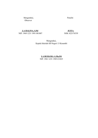 Mengetahui,
Observer

Peneliti

LA HALINA, S.Pd
NIP. 1969 1231 1991 081007

JUITA
NIM. 822176539

Mengetahui,
Kepala Sekolah SD Negeri 13 Kusambi

LA RUHAMA A.Ma.Pd
NIP. 1961 1231 1985121023

 