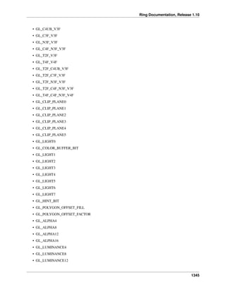 Ring Documentation, Release 1.10
• GL_C4UB_V3F
• GL_C3F_V3F
• GL_N3F_V3F
• GL_C4F_N3F_V3F
• GL_T2F_V3F
• GL_T4F_V4F
• GL_T2F_C4UB_V3F
• GL_T2F_C3F_V3F
• GL_T2F_N3F_V3F
• GL_T2F_C4F_N3F_V3F
• GL_T4F_C4F_N3F_V4F
• GL_CLIP_PLANE0
• GL_CLIP_PLANE1
• GL_CLIP_PLANE2
• GL_CLIP_PLANE3
• GL_CLIP_PLANE4
• GL_CLIP_PLANE5
• GL_LIGHT0
• GL_COLOR_BUFFER_BIT
• GL_LIGHT1
• GL_LIGHT2
• GL_LIGHT3
• GL_LIGHT4
• GL_LIGHT5
• GL_LIGHT6
• GL_LIGHT7
• GL_HINT_BIT
• GL_POLYGON_OFFSET_FILL
• GL_POLYGON_OFFSET_FACTOR
• GL_ALPHA4
• GL_ALPHA8
• GL_ALPHA12
• GL_ALPHA16
• GL_LUMINANCE4
• GL_LUMINANCE8
• GL_LUMINANCE12
1345
 