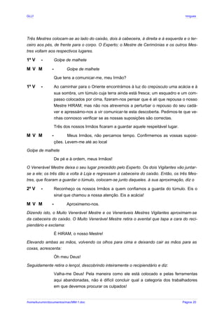 GLLP / GLRP R∴ L∴ Mestre Afonso Domingues
Três Mestres colocam-se ao lado do caixão, dois à cabeceira, à direita e à esquerda e o ter-
ceiro aos pés, de frente para o corpo. O Experto; o Mestre de Cerimónias e os outros Mes-
tres voltam aos respectivos lugares.
1º V - Golpe de malhete
M V M - Golpe de malhete
Que tens a comunicar-me, meu Irmão?
1º V - Ao caminhar para o Oriente encontrámos à luz do crepúsculo uma acácia e à
sua sombra, um túmulo cuja terra ainda está fresca; um esquadro e um com-
passo colocados por cima, fizeram-nos pensar que é ali que repousa o nosso
Mestre HIRAM; mas não nos atrevemos a perturbar o repouso do seu cadá-
ver e apressámo-nos a vir comunicar-te esta descoberta. Pedimos-te que ve-
nhas connosco verificar se as nossas suposições são correctas.
Três dos nossos Irmãos ficaram a guardar aquele respeitável lugar.
M V M - Meus Irmãos, não percamos tempo. Confirmemos as vossas suposi-
ções. Levem-me até ao local
Golpe de malhete
De pé e à ordem, meus Irmãos!
O Venerável Mestre deixa o seu lugar precedido pelo Experto. Os dois Vigilantes vão juntar-
se a ele; os três dão a volta à Loja e regressam à cabeceira do caixão. Então, os três Mes-
tres, que ficaram a guardar o túmulo, colocam-se junto daqueles. à sua aproximação, diz o
2º V - Reconheço os nossos Irmãos a quem confiamos a guarda do túmulo. Eis o
sinal que chamou a nossa atenção. Eis a acácia!
M V M - Aproximemo-nos.
Dizendo isto, o Muito Venerável Mestre e os Veneráveis Mestres Vigilantes aproximam-se
da cabeceira do caixão. O Muito Venerável Mestre retira o avental que tapa a cara do reci-
piendário e exclama:
É HIRAM, o nosso Mestre!
Elevando ambas as mãos, volvendo os olhos para cima e deixando cair as mãos para as
coxas, acrescenta:
Óh meu Deus!
Seguidamente retira o lençol, descobrindo inteiramente o recipiendário e diz:
Valha-me Deus! Pela maneira como ele está colocado e pelas ferramentas
aqui abandonadas, não é difícil concluir qual a categoria dos trabalhadores
em que devemos procurar os culpados!
/home/kurumin/documentos/mac/MM-1.doc Página 20
 