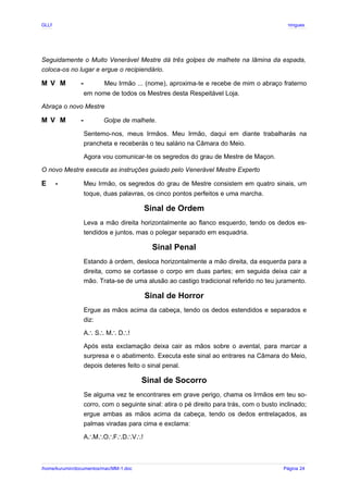 GLLP / GLRP R∴ L∴ Mestre Afonso Domingues
Seguidamente o Muito Venerável Mestre dá três golpes de malhete na lâmina da espada,
coloca-os no lugar e ergue o recipiendário.
M V M - Meu Irmão ... (nome), aproxima-te e recebe de mim o abraço fraterno
em nome de todos os Mestres desta Respeitável Loja.
Abraça o novo Mestre
M V M - Golpe de malhete.
Sentemo-nos, meus Irmãos. Meu Irmão, daqui em diante trabalharás na
prancheta e receberás o teu salário na Câmara do Meio.
Agora vou comunicar-te os segredos do grau de Mestre de Maçon.
O novo Mestre executa as instruções guiado pelo Venerável Mestre Experto
E - Meu Irmão, os segredos do grau de Mestre consistem em quatro sinais, um
toque, duas palavras, os cinco pontos perfeitos e uma marcha.
Sinal de Ordem
Leva a mão direita horizontalmente ao flanco esquerdo, tendo os dedos es-
tendidos e juntos, mas o polegar separado em esquadria.
Sinal Penal
Estando à ordem, desloca horizontalmente a mão direita, da esquerda para a
direita, como se cortasse o corpo em duas partes; em seguida deixa cair a
mão. Trata-se de uma alusão ao castigo tradicional referido no teu juramento.
Sinal de Horror
Ergue as mãos acima da cabeça, tendo os dedos estendidos e separados e
diz:
A S M D !
∴ ∴ ∴ ∴
Após esta exclamação deixa cair as mãos sobre o avental, para marcar a
surpresa e o abatimento. Executa este sinal ao entrares na Câmara do Meio,
depois deteres feito o sinal penal.
Sinal de Socorro
Se alguma vez te encontrares em grave perigo, chama os Irmãos em teu so-
corro, com o seguinte sinal: atira o pé direito para trás, com o busto inclinado;
ergue ambas as mãos acima da cabeça, tendo os dedos entrelaçados, as
palmas viradas para cima e exclama:
A M O F D V !
∴ ∴ ∴ ∴ ∴ ∴
/home/kurumin/documentos/mac/MM-1.doc Página 24
 