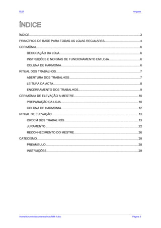 GLLP / GLRP R∴ L∴ Mestre Afonso Domingues
ÍNDICE
ÍNDICE......................................................................................................................................3
PRINCÍPIOS DE BASE PARA TODAS AS LOJAS REGULARES...........................................4
CERIMÓNIA..............................................................................................................................6
DECORAÇÃO DA LOJA..................................................................................................6
INSTRUÇÕES E NORMAS DE FUNCIONAMENTO EM LOJA.....................................6
COLUNA DE HARMONIA...............................................................................................6
RITUAL DOS TRABALHOS......................................................................................................7
ABERTURA DOS TRABALHOS......................................................................................7
LEITURA DA ACTA.........................................................................................................8
ENCERRAMENTO DOS TRABALHOS...........................................................................9
CERIMÓNIA DE ELEVAÇÃO A MESTRE..............................................................................10
PREPARAÇÃO DA LOJA..............................................................................................10
COLUNA DE HARMONIA.............................................................................................12
RITUAL DE ELEVAÇÃO.........................................................................................................13
ORDEM DOS TRABALHOS..........................................................................................13
JURAMENTO................................................................................................................22
RECONHECIMENTO DO MESTRE..............................................................................26
CATECISMO...........................................................................................................................28
PREÂMBULO................................................................................................................28
INSTRUÇÕES...............................................................................................................28
/home/kurumin/documentos/mac/MM-1.doc Página 3
 