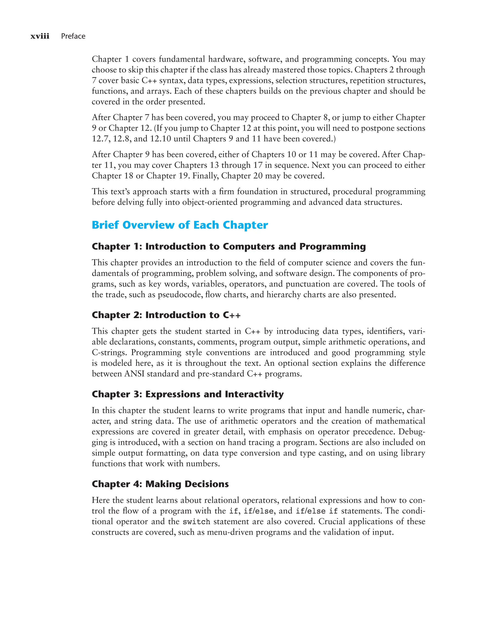 xviii Preface
Chapter 1 covers fundamental hardware, software, and programming concepts. You may
choose to skip this chapter if the class has already mastered those topics. Chapters 2 through
7 cover basic C++ syntax, data types, expressions, selection structures, repetition structures,
functions, and arrays. Each of these chapters builds on the previous chapter and should be
covered in the order presented.
After Chapter 7 has been covered, you may proceed to Chapter 8, or jump to either Chapter
9 or Chapter 12. (If you jump to Chapter 12 at this point, you will need to postpone sections
12.7, 12.8, and 12.10 until Chapters 9 and 11 have been covered.)
After Chapter 9 has been covered, either of Chapters 10 or 11 may be covered. After Chap-
ter 11, you may cover Chapters 13 through 17 in sequence. Next you can proceed to either
Chapter 18 or Chapter 19. Finally, Chapter 20 may be covered.
This text’s approach starts with a firm foundation in structured, procedural programming
before delving fully into object-oriented programming and advanced data structures.
Brief Overview of Each Chapter
Chapter 1: Introduction to Computers and Programming
This chapter provides an introduction to the field of computer science and covers the fun-
damentals of programming, problem solving, and software design. The components of pro-
grams, such as key words, variables, operators, and punctuation are covered. The tools of
the trade, such as pseudocode, flow charts, and hierarchy charts are also presented.
Chapter 2: Introduction to C++
This chapter gets the student started in C++ by introducing data types, identifiers, vari-
able declarations, constants, comments, program output, simple arithmetic operations, and
C-strings. Programming style conventions are introduced and good programming style
is modeled here, as it is throughout the text. An optional section explains the difference
between ANSI standard and pre-standard C++ programs.
Chapter 3: Expressions and Interactivity
In this chapter the student learns to write programs that input and handle numeric, char-
acter, and string data. The use of arithmetic operators and the creation of mathematical
expressions are covered in greater detail, with emphasis on operator precedence. Debug-
ging is introduced, with a section on hand tracing a program. Sections are also included on
simple output formatting, on data type conversion and type casting, and on using library
functions that work with numbers.
Chapter 4: Making Decisions
Here the student learns about relational operators, relational expressions and how to con-
trol the flow of a program with the if, if/else, and if/else if statements. The condi-
tional operator and the switch statement are also covered. Crucial applications of these
constructs are covered, such as menu-driven programs and the validation of input.
 