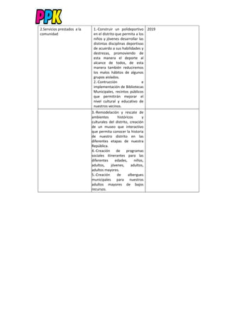 2.Servicios prestados a la
comunidad
1.-Construir un polideportivo
en el distrito que permita a los
niños y jóvenes desarrollar las
distintas disciplinas deportivas
de acuerdo a sus habilidades y
destrezas, promoviendo de
esta manera el deporte al
alcance de todos, de esta
manera también reduciremos
los malos hábitos de algunos
grupos aislados.
2.-Contrucción e
implementación de Bibliotecas
Municipales, recintos públicos
que permitirán mejorar el
nivel cultural y educativo de
nuestros vecinos.
2019
3.-Remodelación y rescate de
ambientes históricos y
culturales del distrito, creación
de un museo que interactivo
que permita conocer la historia
de nuestro distrito en las
diferentes etapas de nuestra
República.
4.-Creación de programas
sociales itinerantes para las
diferentes edades, niños,
adultos, jóvenes, adultos,
adultos mayores.
5.-Creación de albergues
municipales para nuestros
adultos mayores de bajos
recursos.
 