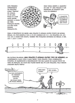 7
Nós primeiro
aprendemos
as frações
como “partes”
de coisas.
1/3 de uma
pizza é o que
você obtém
quando a divide
em três
pedaços iguais;
2/3 são dois
desses
pedaços etc.
Isso deixa aberta a questão
do que “é” uma fração. É um
problema de divisão? Uma
fatia de número?
E quantos
pedações de
CALABRESA
existem em
uma fatia?
Para o propósito de medir, uma fração é apenas outro ponto em nossa
régua. 1/3, por exemplo, fica a 1/3 do caminho de 0 a 1. As frações 2/3, 3/3,
4/3, 5/3, e assim por diante, também têm posições definidas na régua. E sim,
3/3 = 1, 6/3 = 2 etc.!
Em outras palavras, uma fração é apenas outro tipo de número, um
comprimento, algo com o qual medir. Toda fração, toda combinação
possível de numerador e denominador tem seu lugar em algum ponto da
vara de medição. Se você não puder medir seu pé com frações, pelo menos
chegará muito perto!
Onde isso
acaba?
Não acaba...
Eu sou exatamente
do tamanho
5.651.048,
431.915
um pouco mais,
um pouco menos...
1
3
2
3
3
3
4
3
5
3
6
3
7
3
8
3
9
3
11
3
1 2 3
GONICK_CTP.indd 7 11/8/17 11:54 PM
 