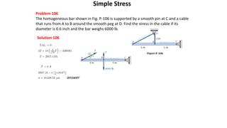 Simple Stress
Problem 106
The homogeneous bar shown in Fig. P-106 is supported by a smooth pin at C and a cable
that runs from A to B around the smooth peg at D. Find the stress in the cable if its
diameter is 0.6 inch and the bar weighs 6000 lb.
Solution 106
answer
 