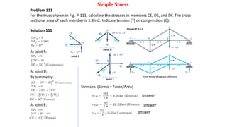 Simple Stress
Problem 111
For the truss shown in Fig. P-111, calculate the stresses in members CE, DE, and DF. The cross-
sectional area of each member is 1.8 in2. Indicate tension (T) or compression (C).
Solution 111
At joint F:
At joint D:
By symmetry:
At joint E:
Stresses: (Stress = Force/Area)
answer
answer
answer
 