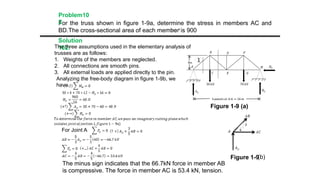 For the truss shown in figure 1-9a, determine the stress in members AC and
BD.The cross-sectional area of each member is 900
Solution
102:
Problem10
2
The three assumptions used in the elementary analysis of
trusses are as follows:
1. Weights of the members are neglected.
2. All connections are smooth pins.
3. All external loads are applied directly to the pin.
Analyzing the free-body diagram in figure 1-9b, we
have
The minus sign indicates that the 66.7kN force in member AB
is compressive. The force in member AC is 53.4 kN, tension.
1
Figure 1-9 (a)
(b)
Figure 1-9
For Joint A
 