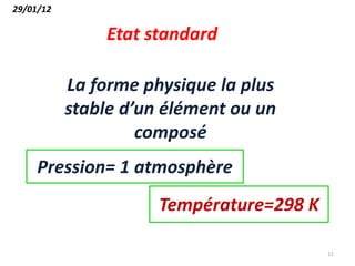 Etat standard
11
29/01/12
Pression= 1 atmosphère
Température=298 K
La forme physique la plus
stable d’un élément ou un
composé
 