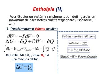 Enthalpie (H)
Pour étudier un système simplement , on doit garder un
maximum de paramètres constants(isobares, isochorse,
…..)
0


 PdV
W

Q
W
Q
U 






1- Transformation à Volume constant

 





 v
initial
final Q
Q
U
U
U
dU
Ceci relie ∆U à Qv , donc Qv est
une fonction d’Etat
distance
Force
W
Travail 


distance
surface
Volume 

surface
Volume
distance 
Volume
W surface
Force


v
Q
U 

 
