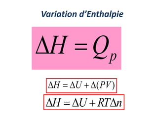p
Q
H 

Variation d’Enthalpie
n
RT
U
H 




)
(PV
U
H 




 