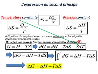 L’expression du second principe
Pressionconstant
Température constante
T
Q
dS rév


T
Q
S rév


T
H
S



A l’équilibre, l’entropie est à son maximum, constante, et les inégalités
deviennent des égalités strictes.
On définit une nouvelle fonction appelée énergie libre de Gibbs(G).
TS
H
G 
 SdT
TdS
dH
dG 


TdS
dH
dG 

S
T
H
G 




S
T
H
dG
f
i





 