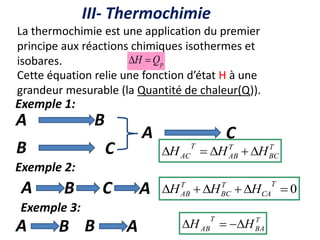 III- Thermochimie
T
BC
T
AB
T
AC H
H
H 




La thermochimie est une application du premier
principe aux réactions chimiques isothermes et
isobares. p
Q
H 

Cette équation relie une fonction d’état H à une
grandeur mesurable (la Quantité de chaleur(Q)).
Exemple 1:
A C
A B
B C
A
A B C 0






T
CA
T
BC
T
AB H
H
H
Exemple 2:
Exemple 3:
A B B A
T
BA
T
AB H
H 



 
